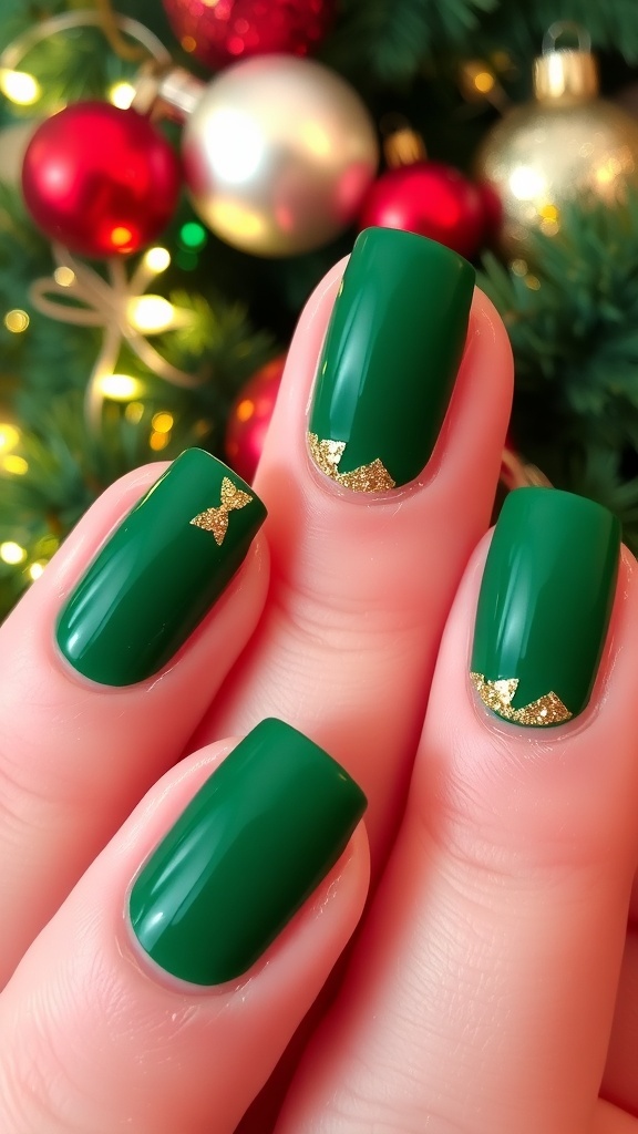 Emerald green Christmas nails with gold glitter accents, set against a festive holiday background.
